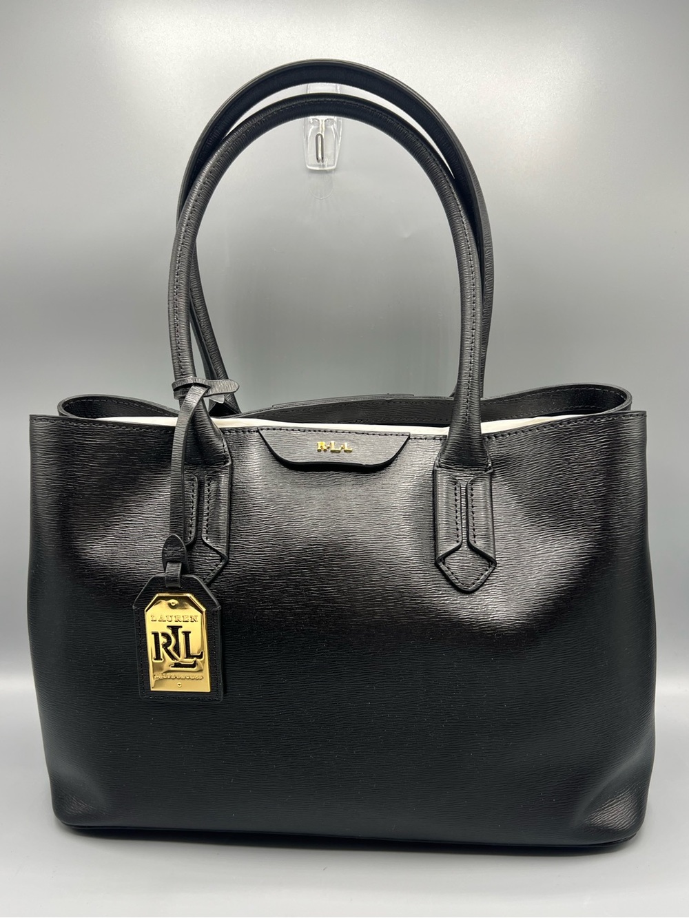 Lauren Ralph Lauren Tate City Black Leather Tote Bag Gold LRL Logo Bag Charm